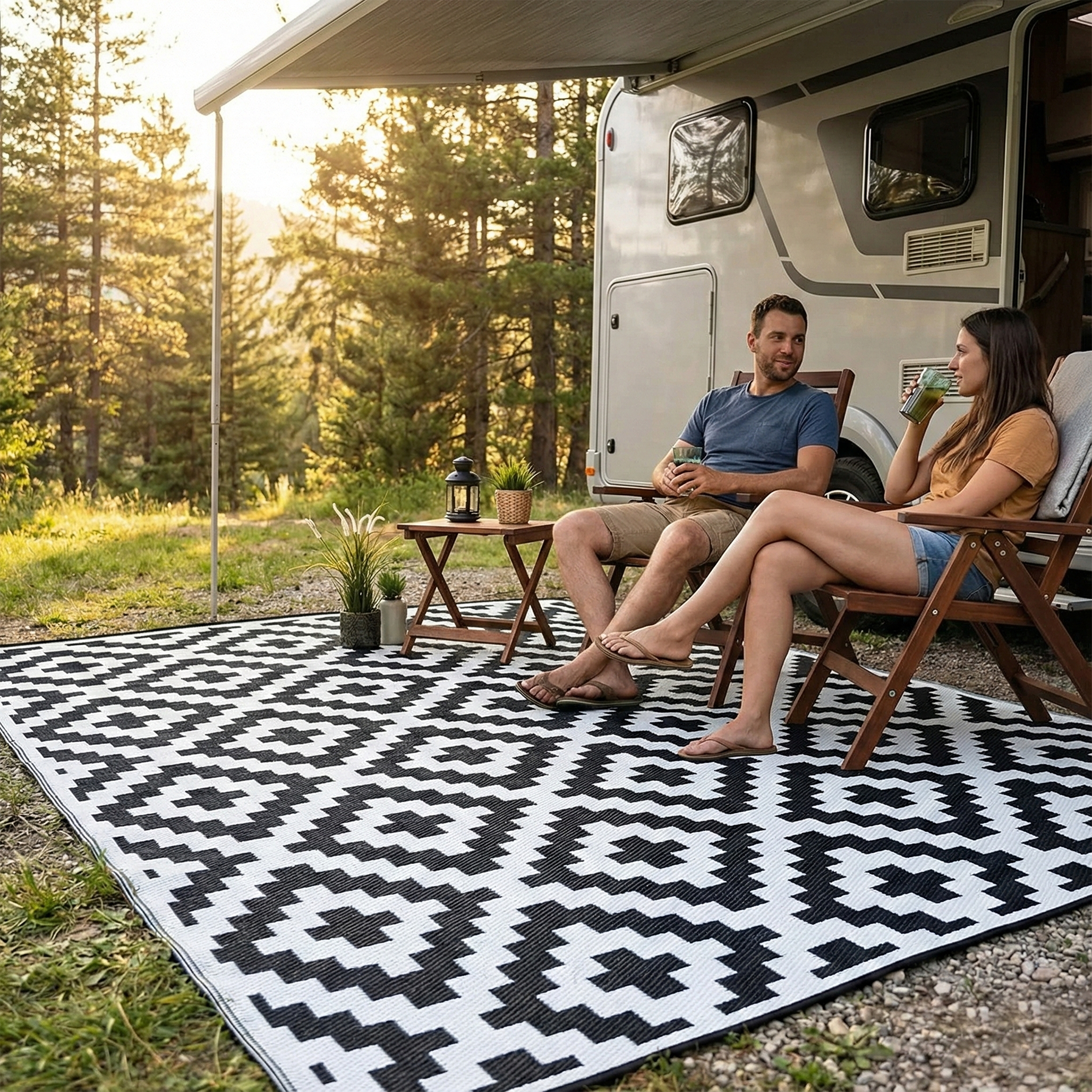 Lifestyle view of couple on black and white diamond foldable outdoor rug by camper